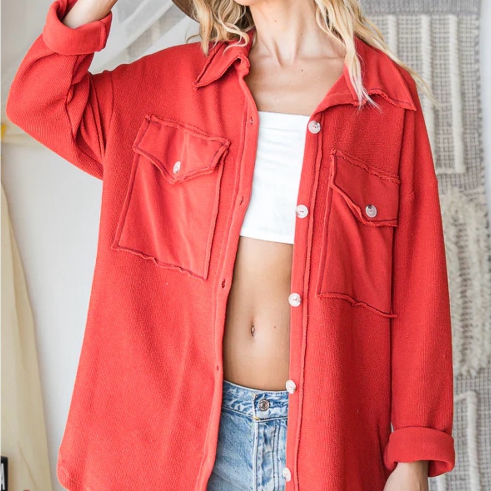 BUCKETLIST Coral-Red Oversized Button-Front Shacket